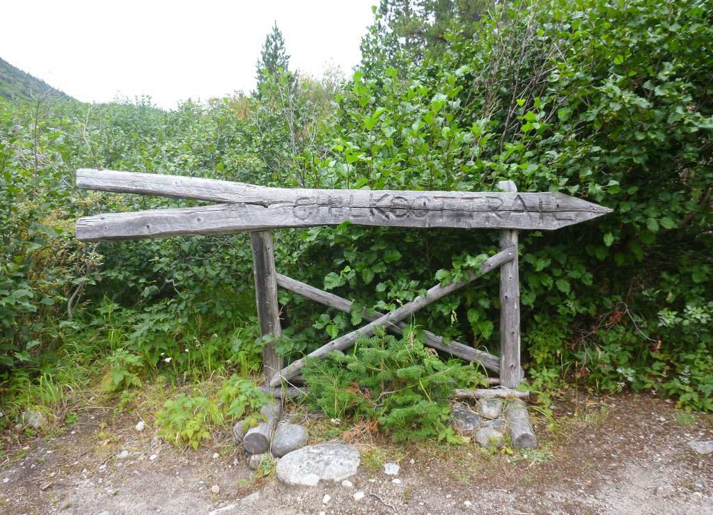 A wooden sign marks the Chilkoot Trail