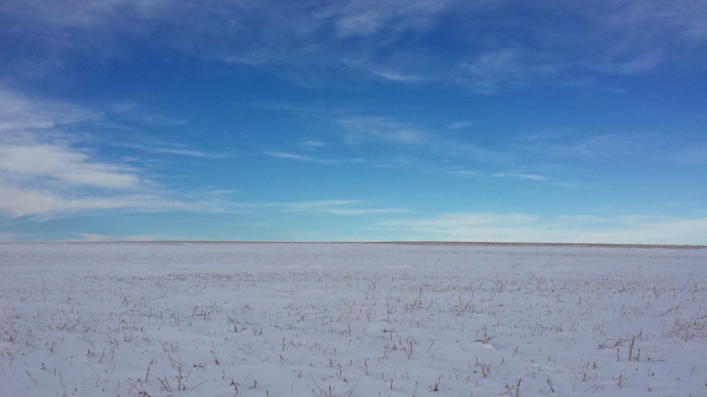 A flat snow-covered field with a blue sky