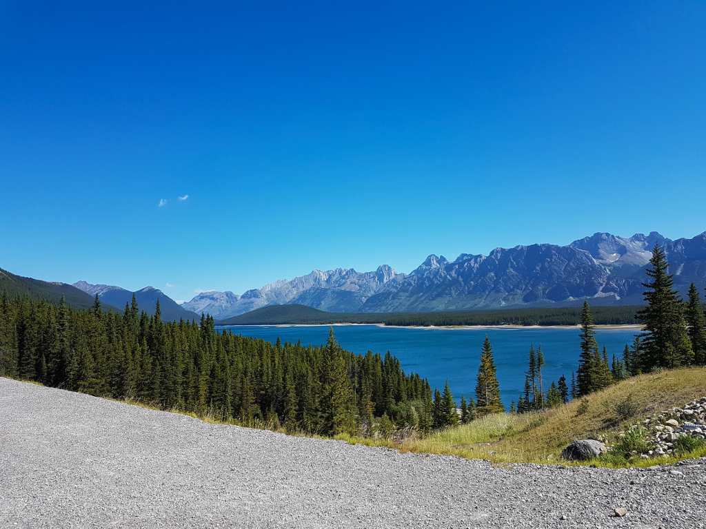 Overlooking a lake with mountains in the background