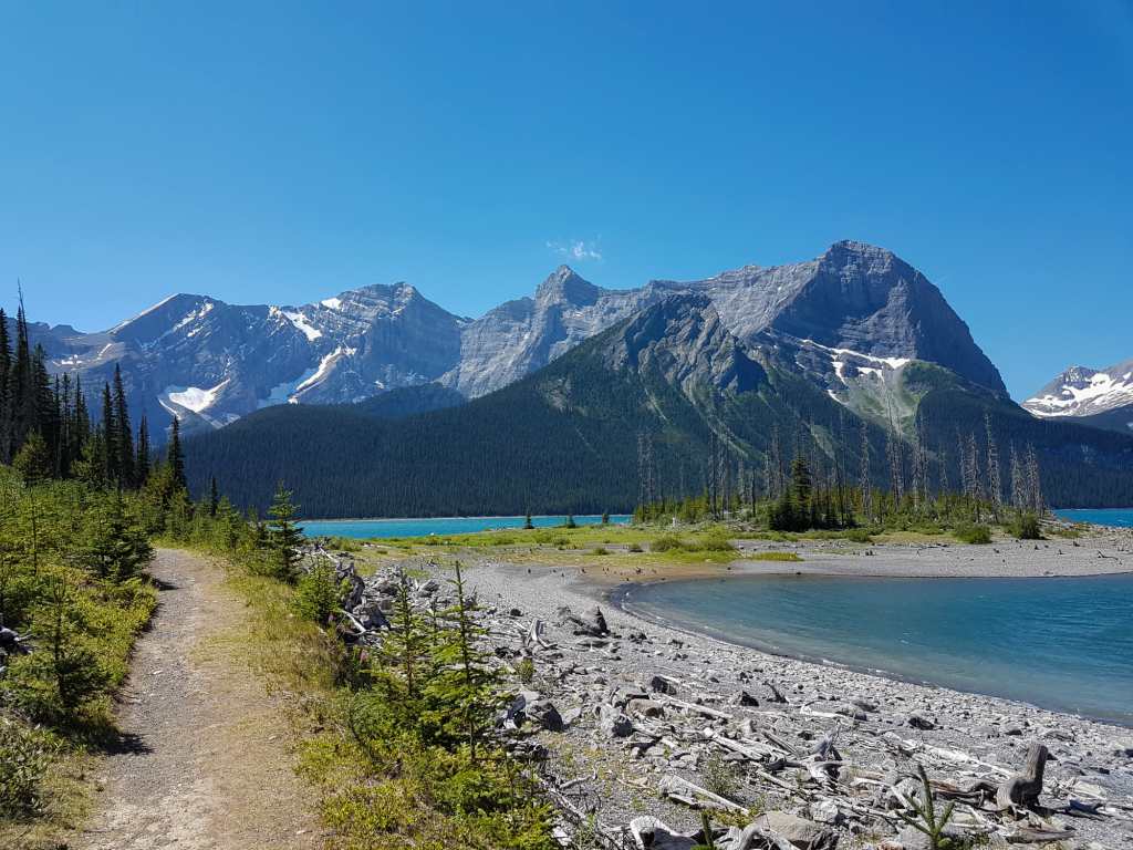 A trail winds with mountains in the background