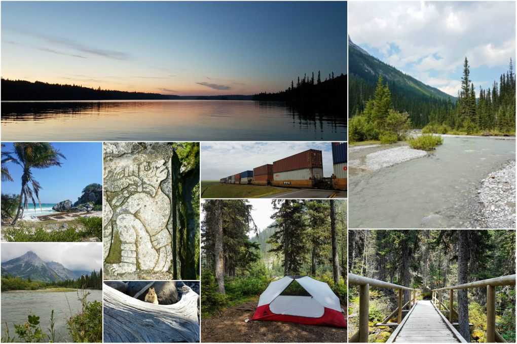 A collage of photos showing lakes, rivers, trails, mountains, and a tent