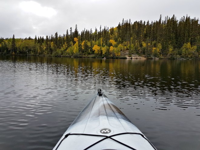 View of a lake shoreline in fall from the bow of a kayak