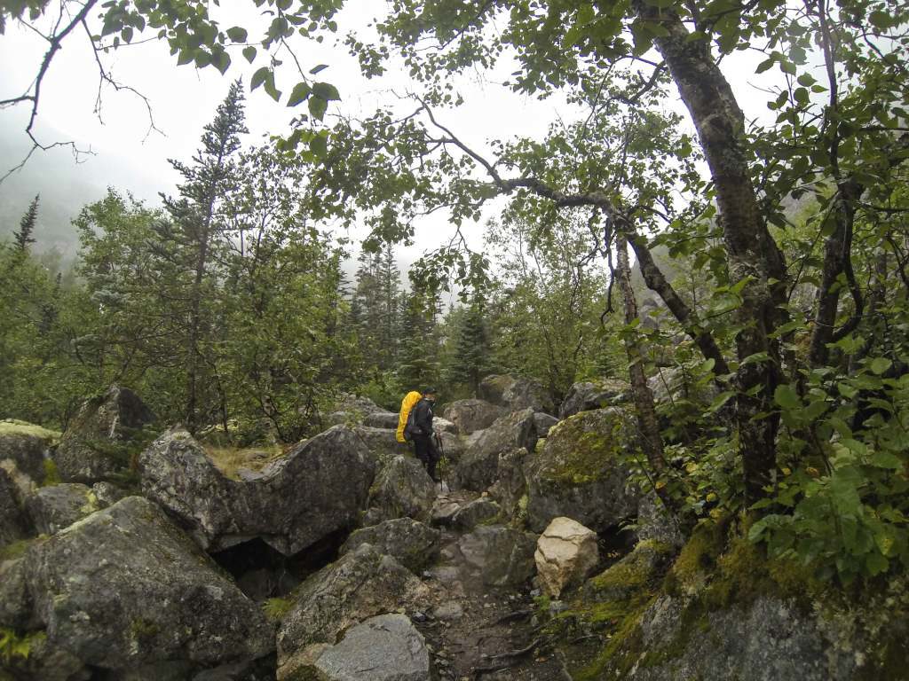 A hiker with a yellow backpack cover on the Chilkoot Trail