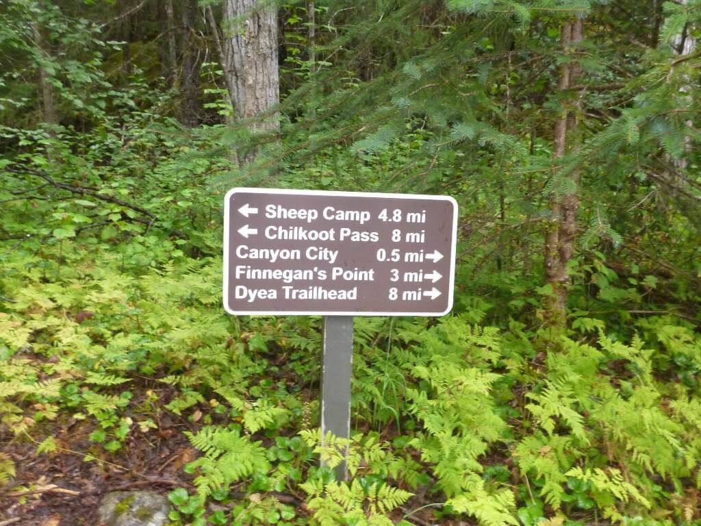 A sign indicates the direction and distances of campsites on the Chilkoot Trail