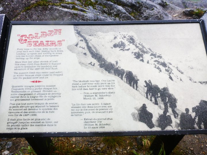 Sign depicting the Golden Stairs section of the Chilkoot Trail. Showing a steady line of people making their way up a steep, snowy incline carrying heavy packs.

