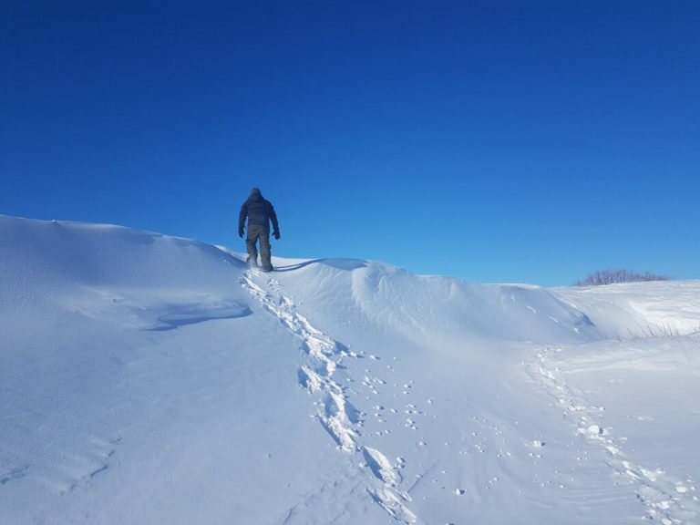 Man walks up snow-covered hill in snowshoes