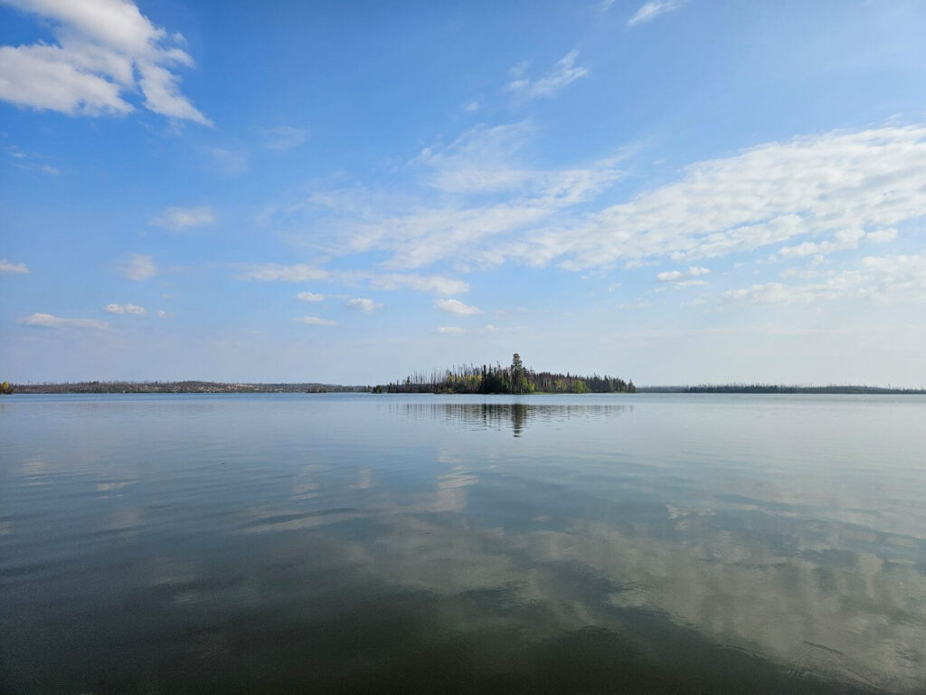 A calm lake on a sunny day with a tree-filled island in the background