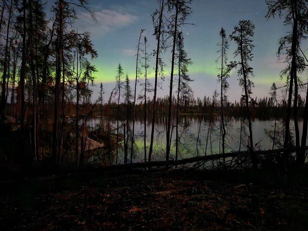 Northern lights shine over a lake